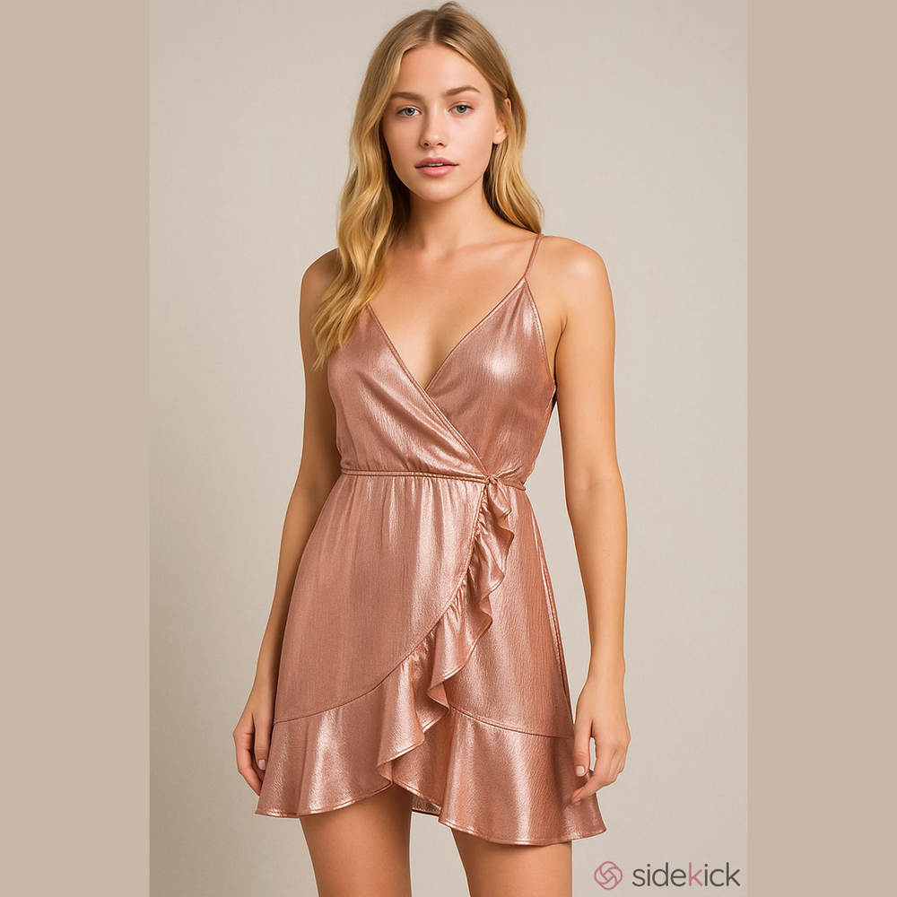 TOBI Faux Wrap Strappy V-Neck Ruffled Hem Mini A-line Dress